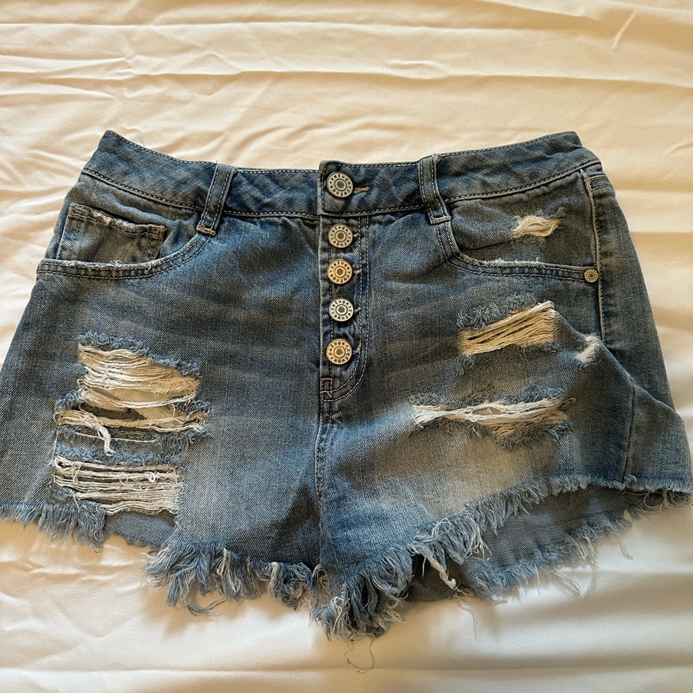 Refuge Blue Distressed Jean Shorts with Frayed Hem